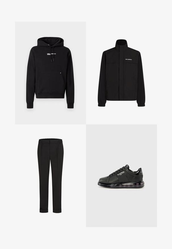 Melna jaka ar augstu apkakli, elastīgām aprocēm un divām priekšējām kabatām. Ieprintēts logo augšējā kreisajā pusē baltā krāsā. Gluda, ūdensizturīga auduma.; Melna kapuce ar kenguru kabatu, kapuci ar auklu un kontrastējošu baltu tekstu "KARL LAGERFELD JEANS" uz krūtīm. Mīksts kokvilnas materiāls.; Melni bikses ar elastīgu jostu, ar taisna piegriezuma dizainu un sarullētām piedurknēm. Izgatavotas no gluda, auduma bez rakstiem.; Melnas sporta kurpes ar gludu ādas virsu, noapaļotu purngalu un saistīšanas dizainu. Iezīmē skaidru, mīkstu zoli ar tumšu gradientu.