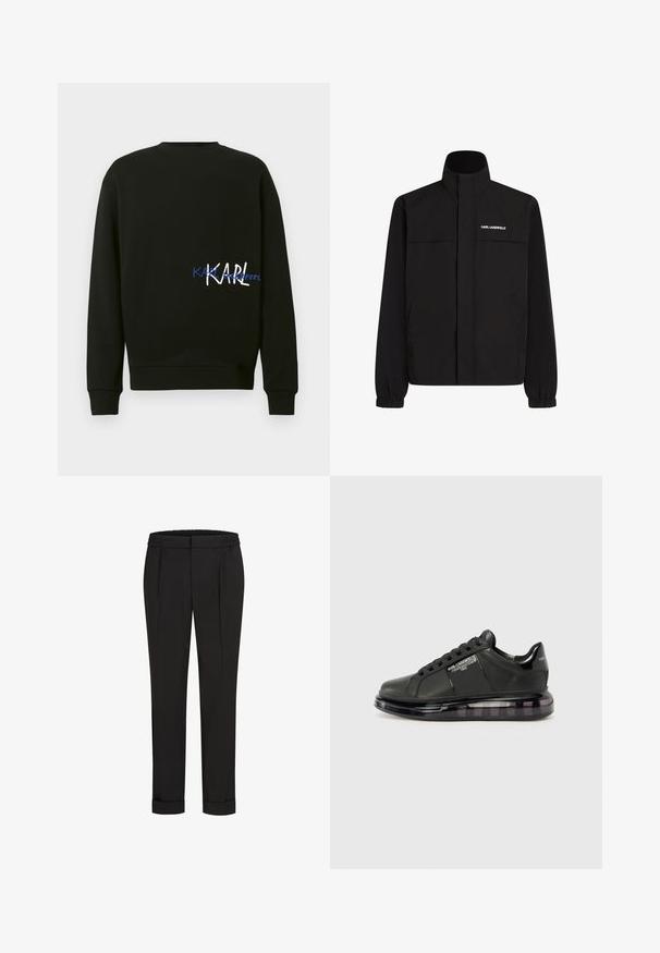 Chaqueta negra con cuello alto, puños elásticos y dos bolsillos frontales. Presenta un logo en el lado superior izquierdo en blanco. Tejido suave y resistente al agua.; Sudadera negra de cuello redondo con el texto superpuesto en azul y blanco "KARL LAGERFELD" en el lado frontal derecho, puños y dobladillo acanalados.; Pantalones negros con cintura elástica, con un diseño de pierna recta y dobladillos enrollados. Hechos de una tela suave y Woven sin patrones.; Zapatilla negra con parte superior de cuero liso, puntera redondeada y diseño con cordones. Presenta una suela clara y acolchada con un degradado oscuro.
