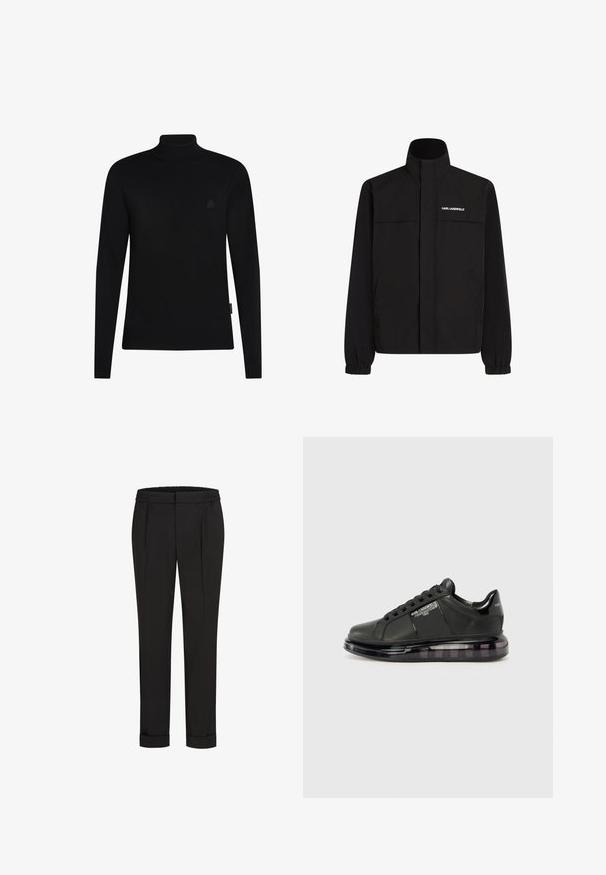 Mustan värvi jakk, millel on kõrge krae, elastsed mansetid ja kaks esikot. Ümber vasaku ülemise külje on valge logo. Sile, veekindel kangas.; Must mustreheline kootud kangast, pikade varrukatega; ribatud varruka- ja alakumer. Rinnal väike, diskreetne logo.; Mustad püksid elastse vöökohtaga, sirge jala kujundusega ja üles keeratud äärtega. Valmistatud siledast, kudumisega kangast, ilma mustriteta.; Must mustad musta nahast ülemise osaga, ümarate varvaste ja paeltega disainiga. Omab läbipaistvat, pehmendatud tallat, millel on tume gradient.