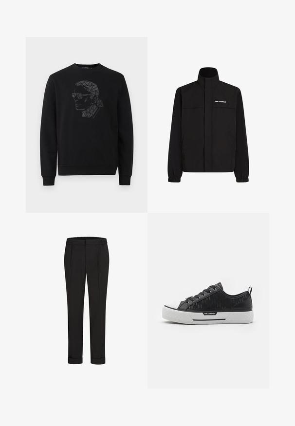 Czarna kurtka z wysokim kołnierzem, elastycznymi mankietami i dwiema przednimi kieszeniami. Posiada logo na górnej lewej stronie w białym kolorze. Gładki, wodoodporny materiał.; Czarny sweter z okrągłym dekoltem i długimi rękawami. Posiada geometryczny czarno-szary wzór portretu z przodu.; Czarne spodnie z elastycznym pasem, charakteryzujące się prostym krojem nogawki i podwiniętymi mankietami. Wykonane z gładkiej, tkanej tkaniny bez wzorów.; Czarne niskie trampki z wzorzystym płótnem, białą gumową osłoną na palce, teksturowaną podeszwą i akcentem logo po boku. Metalowe oczka na sznurówki.