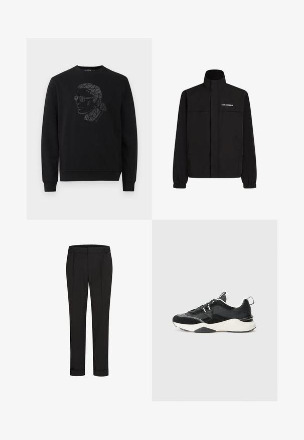 Jachetă neagră cu guler înalt, manșete elastice și două buzunare frontale. Prezintă un logo pe partea stângă sus, de culoare albă. Material neted, rezistent la apă.; Hanorac negru cu guler rotund și mâneci lungi. Prezintă un design geometric cu un portret în nuanțe de negru și gri pe față.; Pantaloni negri cu talie elastică, având un design cu picioare drepte și manșete suflecate. Realizați dintr-un material neted, țesut, fără modele.; Adidași negri cu un amestec de materiale din suede și plasă, talpă albă chunky și accente reflective. Design cu sistem de șireturi și cu o bandă de prindere.