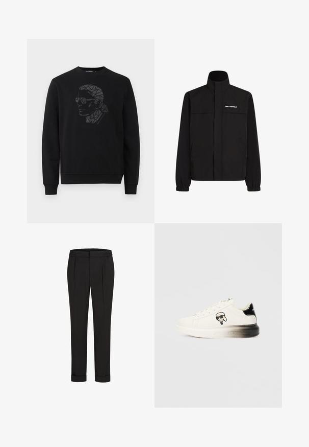 Čierna bunda s vysokým golierom, elastickými manžetami a dvoma prednými vreckami. Na hornej ľavej strane sa nachádza logo v bielej farbe. Hladká, vodeodolná tkanina.; Čierna mikina s okrúhlym výstrihom a dlhými rukávmi. Obsahuje geometrický portrétový dizajn v čiernej a šedej farbe na prednej strane.; Čierne nohavice s elastickým pásom, s rovnými nohavicami a prehnutými manžetami. Vyrobené z hladkej tkaniny bez vzorov.; Biele tenisky s hladkým koženým zvrškom, čiernymi akcentmi na päte a karikatúrovým logom. Majú hrubú, mierne priehľadnú podrážku.
