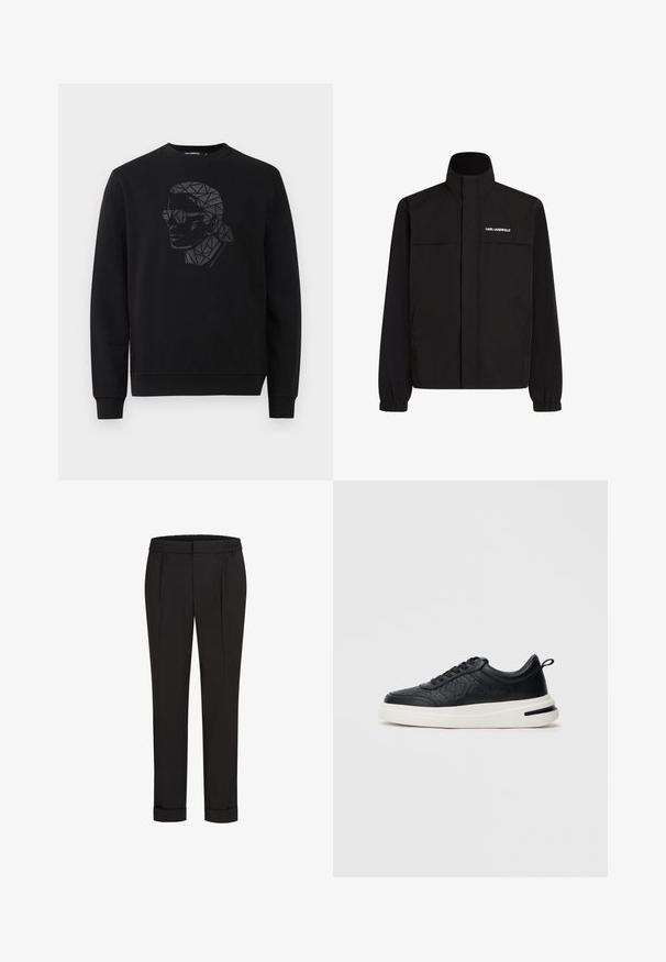 Zwarte jas met hoge kraag, elastische manchetten en twee voorzakken. Kenmerkt een logo op de bovenste linkerzijde in het wit. Glad, waterafstotend materiaal.; Zwarte sweatshirt met ronde hals en lange mouwen. Heeft een geometrisch zwart en grijs portretontwerp op de voorkant.; Zwarte broek met een elastische tailleband, met een rechtvallend ontwerp en opgerolde manchetten. Gemaakt van glad, geweven stof zonder patronen.; Zwarte leren sneaker met gestructureerd patroon, witte zool en zwarte accenten. Voorzien van een ronde neus en een vetersluiting.