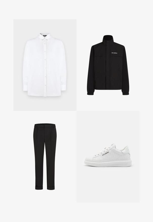 Fekete dzseki magas gallérral, elasztikus mandzsettákkal és két elülső zsebbel. Fehér logó található a bal felső oldalon. Simább, vízálló anyag.; Fehér, hosszú ujjú gombos ing klasszikus gallérral, egyenes szabású és diszkrét textúrájú, gyöngygombokkal az elején.; Fekete nadrág, elasztikus derékpánttal, egyenes szárú kivitelben és felhajtott szárakkal. Simább, szőtt anyagból készült, minták nélkül.; Fehér sneaker sima bőrből, dombornyomott mintával. Kerek orrú, cipzáros elejű és texturált talpú. Ezüst logó részlet az oldalon.