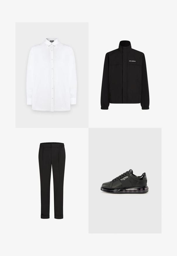 Giacca nera con colletto alto, polsini elasticizzati e due tasche frontali. Presenta il logo sul lato superiore sinistro in bianco. Tessuto liscio e resistente all'acqua.; Camicia bianca a maniche lunghe con colletto classico, caratterizzata da un taglio dritto e una trama sottile, adornata da bottoni in madreperla.; Pantaloni neri con una vita elastica, caratterizzati da un design a gamba dritta e orli arrotolati. Realizzati in tessuto liscio e tessuto senza motivi.; Sneaker nera con tomaia in pelle liscia, punta rotonda e design con lacci. Presenta una suola trasparente e ammortizzata con un gradiente scuro.