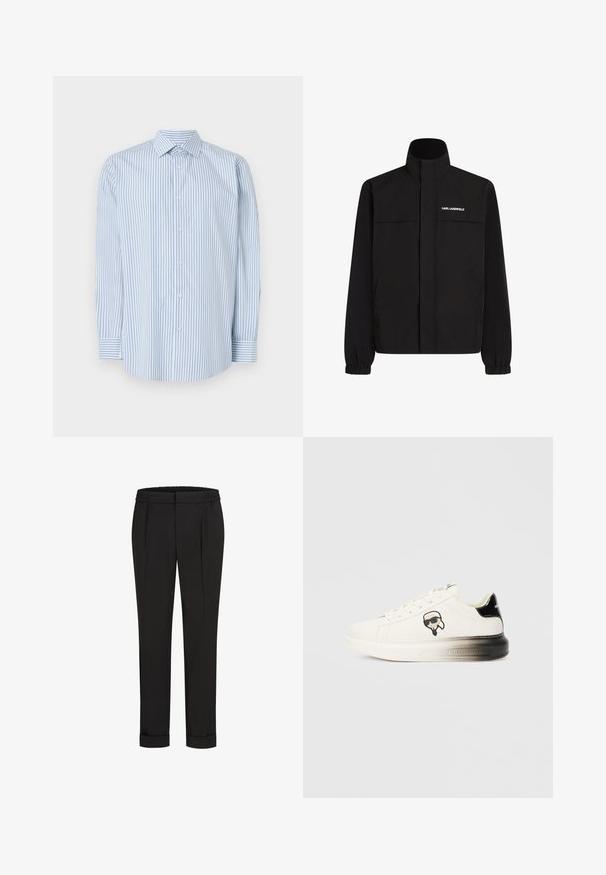 Črna jakna z visokim ovratnikom, elastičnimi rokavi in dvema sprednjima žepoma. Na zgornji levi strani je bel logotip. Gladka, vodoodporna tkanina.; Modra in bela črtasta dolgrokavna srajca iz bombaža, z klasičnim ovratnikom, sprednjim gumbom in manšetami.; Črne hlače z elastičnim pasom, s pravimi nogavicami in zavihanimi manšetami. Narejene so iz gladkega, tkanega materiala brez vzorcev.; Bele teniske s gladkim usnjem, črnimi poudarki na peti in risanim logotipom. Imajo debel, rahlo prozoren podplat.