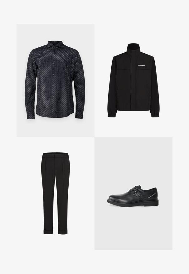 Giacca nera con colletto alto, polsini elasticizzati e due tasche frontali. Presenta il logo sul lato superiore sinistro in bianco. Tessuto liscio e resistente all'acqua.; JOOP! Camicia - dunkelblau; Pantaloni neri con una vita elastica, caratterizzati da un design a gamba dritta e orli arrotolati. Realizzati in tessuto liscio e tessuto senza motivi.; Scarpa in pelle nera con punta arrotondata, dettaglio con fibbia singola e suola in gomma piatta. Presenta un marchio sul lato vicino al tallone.