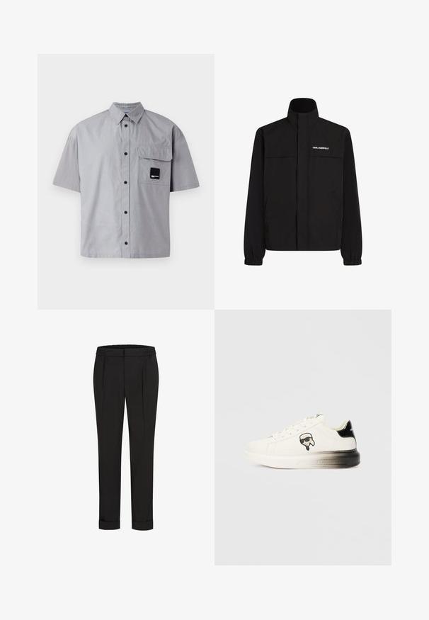Črna jakna z visokim ovratnikom, elastičnimi rokavi in dvema sprednjima žepoma. Na zgornji levi strani je bel logotip. Gladka, vodoodporna tkanina.; Karl Lagerfeld Jeans BOXY SHIRT - Srajca - monument; Črne hlače z elastičnim pasom, s pravimi nogavicami in zavihanimi manšetami. Narejene so iz gladkega, tkanega materiala brez vzorcev.; Bele teniske s gladkim usnjem, črnimi poudarki na peti in risanim logotipom. Imajo debel, rahlo prozoren podplat.