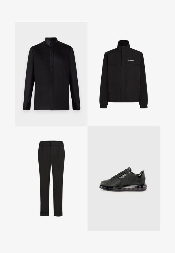 Svart jacka med hög krage, elastiska muddar och två framfickor. Har logotyp på övre vänstra sidan i vitt. Slät, vattenavvisande tyg.; Svart långärmad skjorta i mjukt tyg med hög krage, knäppning fram och manschetter med en knapp. Minimalistisk design utan mönster.; Svarta byxor med elastisk midja, med en rak bendesign och uppvikta fållar. Tillverkade av glatta, vävda tyger utan mönster.; Svart sneaker med slät läderöverdel, rund tå och snörningsdesign. Har en klar, vadderad sula med en mörk gradient.