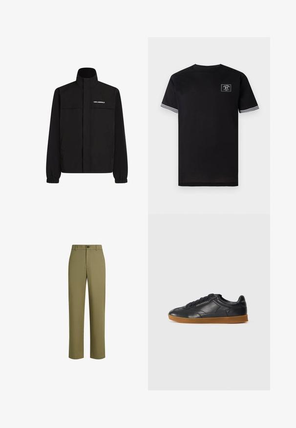 Černá bunda s vysokým límcem, elastickými manžetami a dvěma předními kapsami. Na levé horní straně se nachází bílé logo. Hladká, voděodolná tkanina.; Černé bavlněné tričko s kulatým výstřihem, krátkými rukávy a bílými pruhovanými detaily. Na hrudi má čtvercovou nášivku s logem.; Olivově zelené kalhoty z hladké tkaniny, se střihovým designem rovného střihu, jedním knoflíkem na zapínání a jemnou texturou.; Černé kožené tenisky s kulatou špičkou, šněrováním v přední části a kontrastní gumovou podrážkou. Na straně a vzadu je plastický branding.