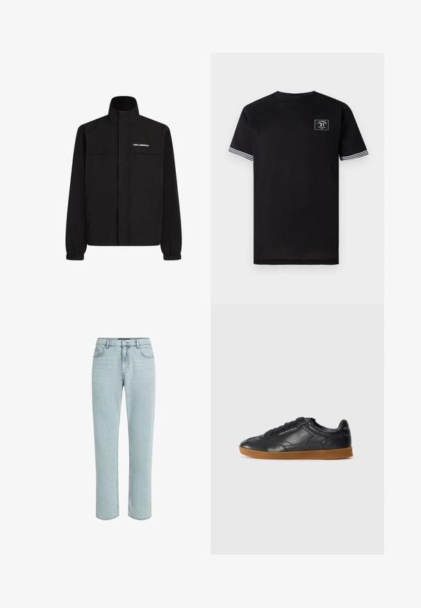 Mustan värvi jakk, millel on kõrge krae, elastsed mansetid ja kaks esikot. Ümber vasaku ülemise külje on valge logo. Sile, veekindel kangas.; Must värvi puuvillane T-särk ümmarguse kaelusega, lühikeste varrukatega ja valgete triipudega aktsentidega. Rinnas on ruudukujuline logotäht.; KARL LAGERFELD DISNEY STRAIGHT-FIT - Sirgete säärtega teksad - light blue denim; Must nahkkingad, millel on ümar nina, seotud esikülg ja kontrastse kummist värv. Külgedel ja taga on embossitud brändi logo.