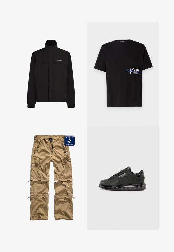 Čierna bunda s vysokým golierom, elastickými manžetami a dvoma prednými vreckami. Na hornej ľavej strane sa nachádza logo v bielej farbe. Hladká, vodeodolná tkanina.; Čierne bavlnené tričko s krátkymi rukávmi, so grafickým dizajnom s názvom "KARL" v bielej a modrej farbe na ľavej strane. S štýlom okrúhlym výstrihom.; Khaki nohavice cargo vyrobené z vodoodpudivého materiálu. Majú viacero vreciek na zips a odnímateľné dolné nohavice pre väčšiu variabilitu.; Čierne tenisky s hladkým koženým vrchom, zaoblenou špičkou a dizajnom na šnurovanie. Sú vybavené priehľadnou, polstrovanou podrážkou s tmavým gradientom.