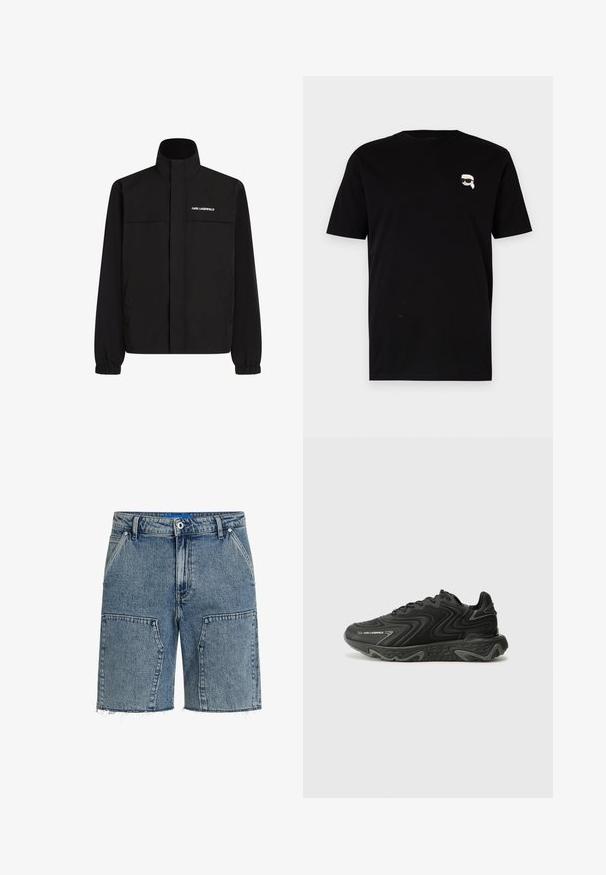 Crna jakna s visokim ovratnikom, elastičnim manžetama i dva prednja džepa. Sadrži logo na gornjoj lijevoj strani u bijeloj boji. Glatka, vodootporna tkanina.; Crna pamučna majica s kratkim rukavima s malim bijelim grafičkim prikazom lika s naočalama na lijevoj strani grudi. Klasični dizajn s okruglim izrezom.; Traper šortsevi u svijetloplavoj boji, s opuštenim krojem, izrezanim rubom i velikim prednjim džepovima. Izrađeni od teksturiranog traper materijala.; Crne tenisice s valovitom teksturom i sivozelenim akcentima. Imaju vezanje i masivnu, oblikovanu petu. Brendiranje je vidljivo sa strane.