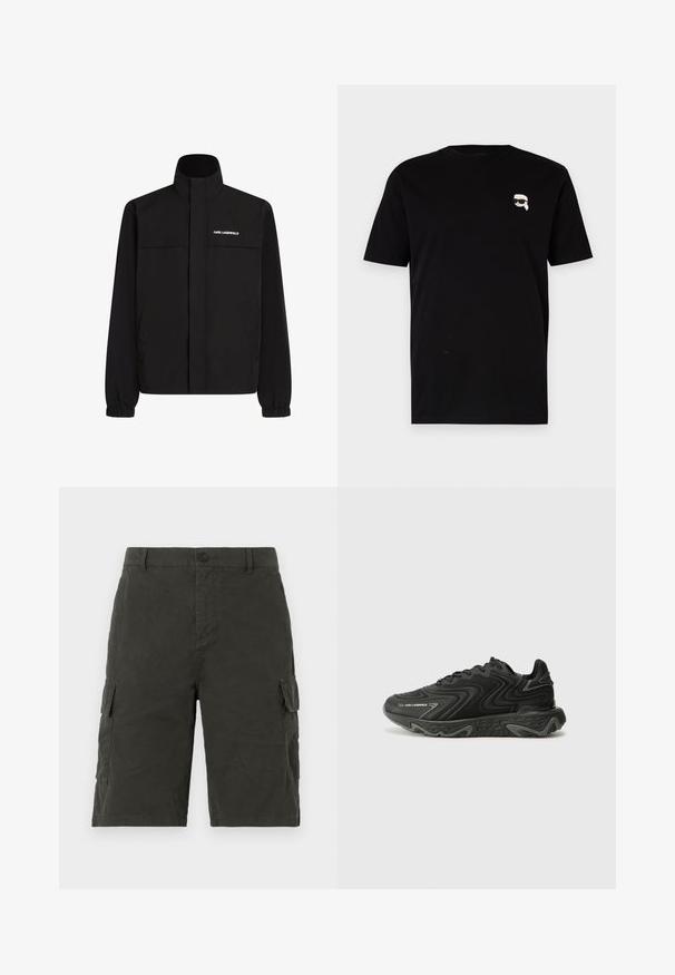 Svart jacka med hög krage, elastiska muddar och två framfickor. Har logotyp på övre vänstra sidan i vitt. Slät, vattenavvisande tyg.; Svart bomullströja med korta ärmar som har en liten vit grafisk design av en karaktär med glasögon på vänstra bröstet. Klassisk rundhalsad design.; Mörkgröna cargoshorts i ett lättviktsmaterial, med två sidofickor och knäppning i midjan.; Svarta sneakers med en vågig textur och grå detaljer. Har en snörningsdesign och en tjock, skulpterad sula. Varumärket är synligt på sidan.