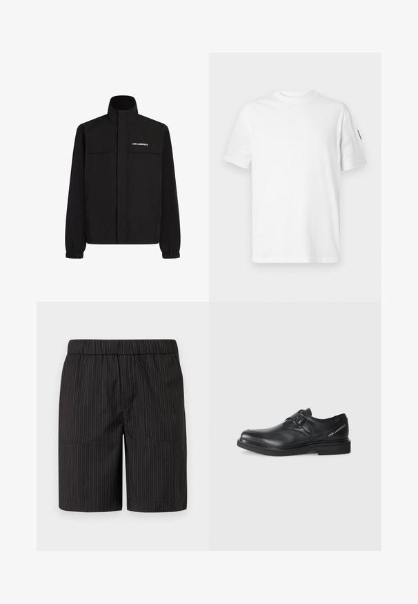 Črna jakna z visokim ovratnikom, elastičnimi rokavi in dvema sprednjima žepoma. Na zgornji levi strani je bel logotip. Gladka, vodoodporna tkanina.; Bela bombažna majica s kratkimi rokavi in okroglo izrezom. Ima majhen črn logotip na levem rokavu. Gladka tekstura, standardna kroj.; Črne kratke hlače z rahlim navpičnim belim vzorcem, elastičnim pasom in dvema stranskima žepoma, narejene iz lahke, teksturirane tkanine.; Črne usnjene čevlje s zaobljenim nosom, s posameznim zaponko in ravnim gumijastim podplatom. Vsebuje blagovno oznako na strani blizu pete.