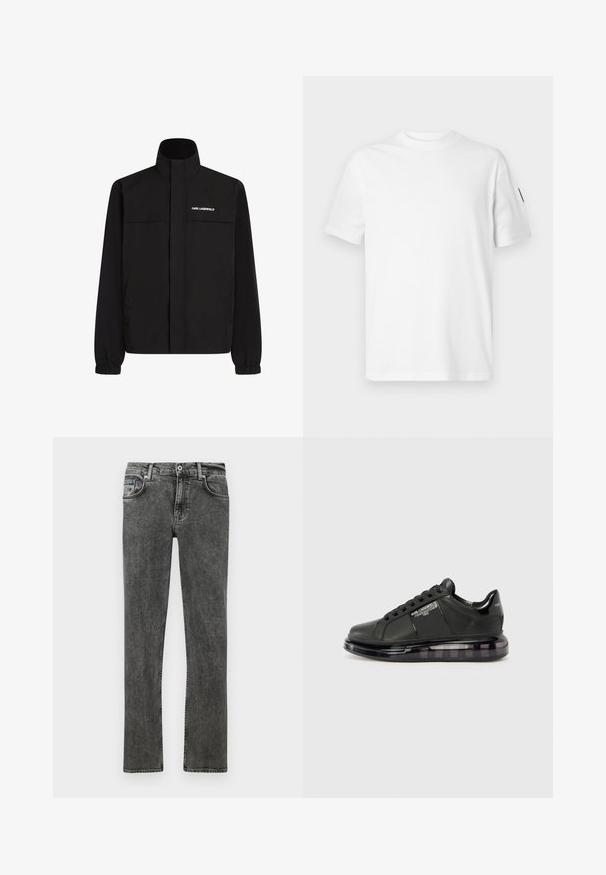 Mustan värvi jakk, millel on kõrge krae, elastsed mansetid ja kaks esikot. Ümber vasaku ülemise külje on valge logo. Sile, veekindel kangas.; Valge puuvillane T-särk lühikeste varrukatega ja ümmarguse kaelusega. Käsitleb väikest musta logo vasakul varrukal. Sile tekstuur, tavaline lõige.; Hallid hall denimist teksad otse lõikega, mis sisaldavad traditsioonilist viie-tasku disaini, nupplukku ja kerget pleekimist kogu ulatuses.; Must mustad musta nahast ülemise osaga, ümarate varvaste ja paeltega disainiga. Omab läbipaistvat, pehmendatud tallat, millel on tume gradient.