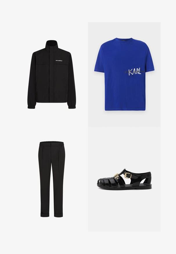 Black jacket with high collar, elastic cuffs, and two front pockets. Features logo on the upper left side in white. Smooth, water-resistant fabric.; Blue cotton t-shirt with a crew neckline. Features white text "KARL" and additional gold lettering, short sleeves and a regular fit.; Black trousers with an elastic waistband, featuring a straight-leg design and rolled cuffs. Made of smooth, woven fabric with no patterns.; Black rubber sandals with cut-out design, featuring a gold buckle closure and textured insole. Stamped logo on the heel.