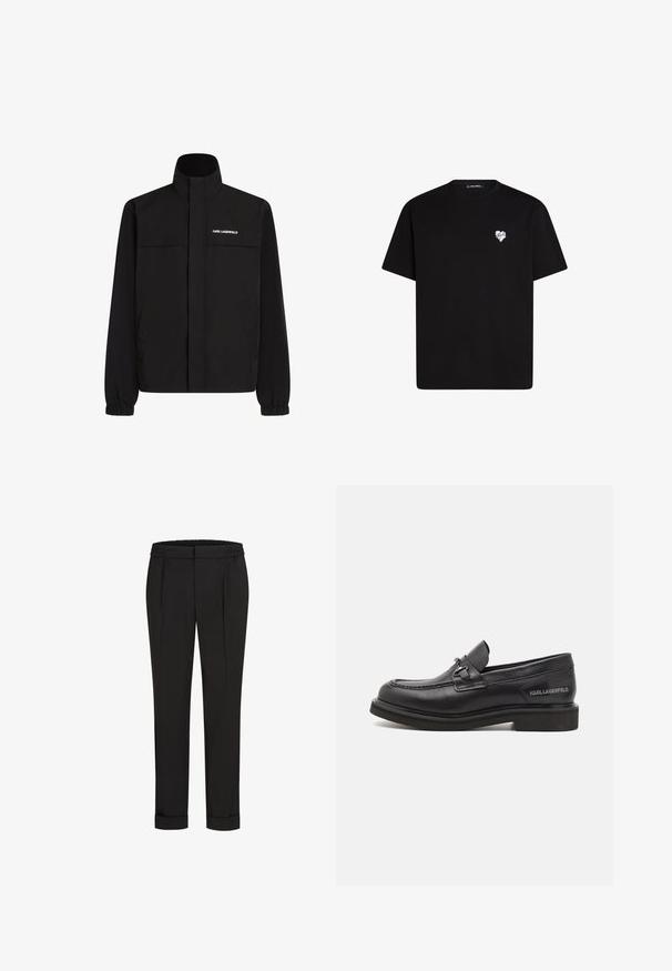 Melna jaka ar augstu apkakli, elastīgām aprocēm un divām priekšējām kabatām. Ieprintēts logo augšējā kreisajā pusē baltā krāsā. Gluda, ūdensizturīga auduma.; Melna kokvilnas t-krekls ar īsām piedurknēm, apaļu kakla izgriezumu un nelielu baltu sirds grafiku kreisajā krūšu daļā.; Melni bikses ar elastīgu jostu, ar taisna piegriezuma dizainu un sarullētām piedurknēm. Izgatavotas no gluda, auduma bez rakstiem.; Melnas ādas loferes ar noapaļotu purngalu, siksniņu un sudraba aksesuāru. Iezīmētas ar teksturētu augšdaļu un logotipa detaļu uz papēža.