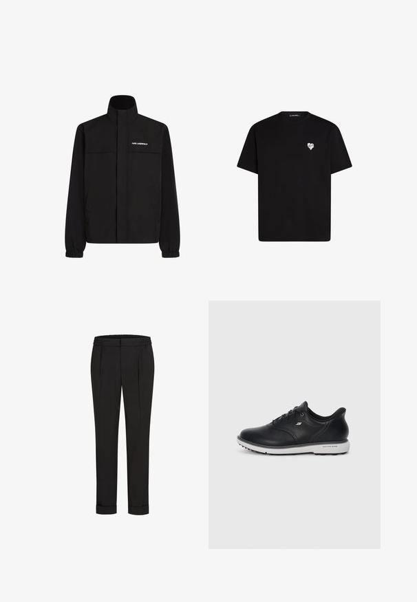 Black jacket with high collar, elastic cuffs, and two front pockets. Features logo on the upper left side in white. Smooth, water-resistant fabric.; Black cotton t-shirt with short sleeves, round neckline, and a small white heart graphic on the left chest area.; Black trousers with an elastic waistband, featuring a straight-leg design and rolled cuffs. Made of smooth, woven fabric with no patterns.; Black leather lace-up Skechers sneaker with white sole, side logo, and textured grip on sole against plain light background.