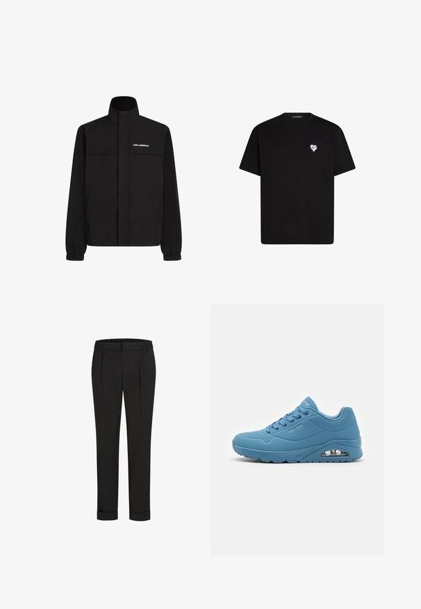 Fekete dzseki magas gallérral, elasztikus mandzsettákkal és két elülső zsebbel. Fehér logó található a bal felső oldalon. Simább, vízálló anyag.; Fekete pamut póló rövid ujjú, kerek nyakkivágással és egy kis fehér szív grafikával a bal mellkas részen.; Fekete nadrág, elasztikus derékpánttal, egyenes szárú kivitelben és felhajtott szárakkal. Simább, szőtt anyagból készült, minták nélkül.; Világoskék sportcipő sima szintetikus felsőrésszel, párnázott bokarésszel, perforált oldalakkal és látható légpárnás talppal.