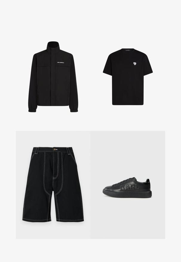 Chaqueta negra con cuello alto, puños elásticos y dos bolsillos frontales. Presenta un logo en el lado superior izquierdo en blanco. Tejido suave y resistente al agua.; Camiseta de algodón negra con mangas cortas, escote redondo y un pequeño gráfico de un corazón blanco en la parte izquierda del pecho.; Pantalones cortos negros de corte recto, hechos de un tejido duradero. Presentan costuras blancas y un detalle de botón dorado. Incluyen bolsillos delanteros.; Zapatilla negra hecha de cuero suave, con una suela gruesa con estrías y el nombre de la marca en relieve. Diseño clásico de cordones con ojales redondos.