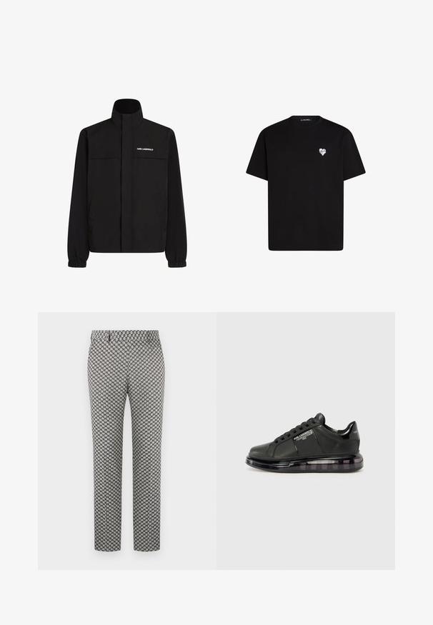 Fekete dzseki magas gallérral, elasztikus mandzsettákkal és két elülső zsebbel. Fehér logó található a bal felső oldalon. Simább, vízálló anyag.; Fekete pamut póló rövid ujjú, kerek nyakkivágással és egy kis fehér szív grafikával a bal mellkas részen.; Fekete-fehér hounds-tooth mintás nadrág, egyenes szárú kialakítással, sima textúrával és standard derékrésszel.; Fekete sportcipő sima bőr felsőrésszel, kerek orral és fűzős dizájnnal. Átlátszó, párnázott talppal rendelkezik, sötét árnyalatú átmenettel.