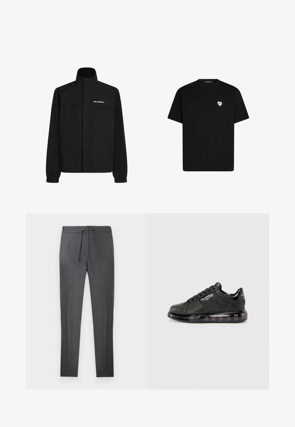 Mustan värvi jakk, millel on kõrge krae, elastsed mansetid ja kaks esikot. Ümber vasaku ülemise külje on valge logo. Sile, veekindel kangas.; Mustvalg mustast puuvillast t-särk lühikeste varrukatega, ümar kaelus ja väike valge südame graafika vasakul rinnal.; Tumed hallid kitsendatud püksid elastse vöökoha ja nööriga, millel ees peened kortsud.; Must mustad musta nahast ülemise osaga, ümarate varvaste ja paeltega disainiga. Omab läbipaistvat, pehmendatud tallat, millel on tume gradient.