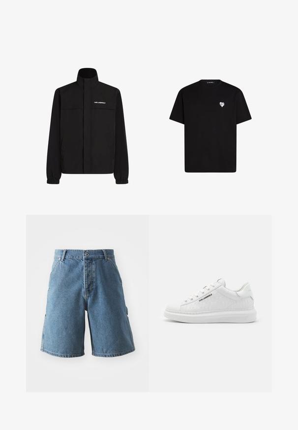 Černá bunda s vysokým límcem, elastickými manžetami a dvěma předními kapsami. Na levé horní straně se nachází bílé logo. Hladká, voděodolná tkanina.; Černé bavlněné tričko s krátkým rukávem, kulatým výstřihem a malou bílou srdíčkovou grafikou na levé hrudi.; Džínové šortky ve světle modré barvě. Obsahují klasický pětipocket design, zapínání na knoflík a rovný střih. Materiál vypadá měkce s mírným vyblednutím.; Bílé tenisky vyrobené z hladké kůže s embosovaným vzorem. Mají kulatou špičku, šněrování vpředu a texturovanou podrážku. Stříbrný logo detail na boku.