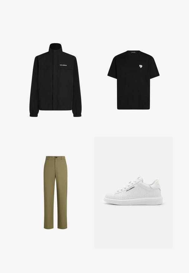Mustan värvi jakk, millel on kõrge krae, elastsed mansetid ja kaks esikot. Ümber vasaku ülemise külje on valge logo. Sile, veekindel kangas.; Mustvalg mustast puuvillast t-särk lühikeste varrukatega, ümar kaelus ja väike valge südame graafika vasakul rinnal.; Õliline rohelised püksid, mis on valmistatud siledast kangast, sirge sääre disainiga, ühe nööbi kinnitusega ja peene tekstuuriga.; Valged sneakerid, mis on valmistatud siledast nahast ja millel on reljeefne muster. Omab ümmargust varvasekambrit, nööpide ja paeltega esiosa ning tekstuurset tallaosa. Külje peal on hõbedane logo detail.