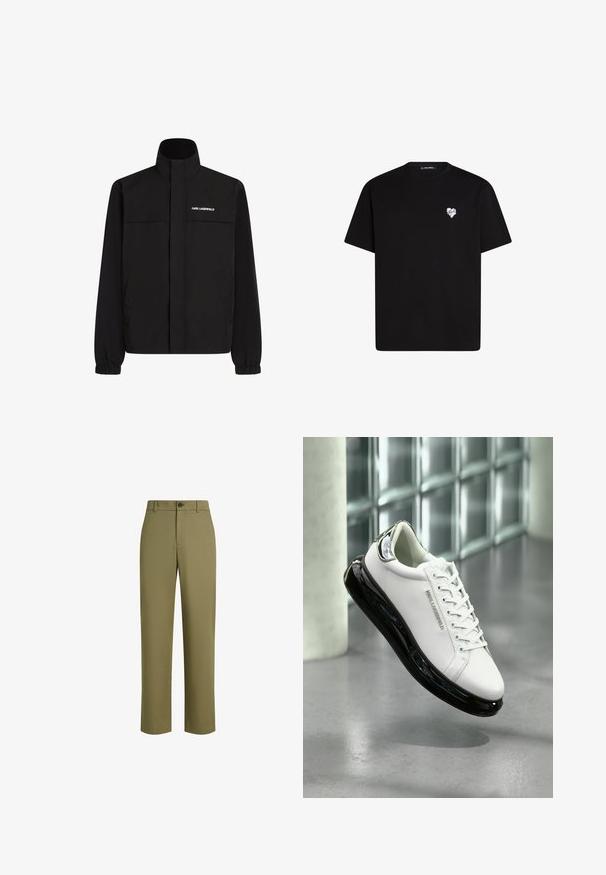 Fekete dzseki magas gallérral, elasztikus mandzsettákkal és két elülső zsebbel. Fehér logó található a bal felső oldalon. Simább, vízálló anyag.; Fekete pamut póló rövid ujjú, kerek nyakkivágással és egy kis fehér szív grafikával a bal mellkas részen.; Olívazöld nadrág, sima anyagból, egyenes szabással, egy gombos záródással és diszkrét textúrával.; Fehér bőr sportcipő fekete gumitalppal és átlátszó részletekkel. Fűzővel és domború logóval rendelkezik, szürke padlón elhelyezve.