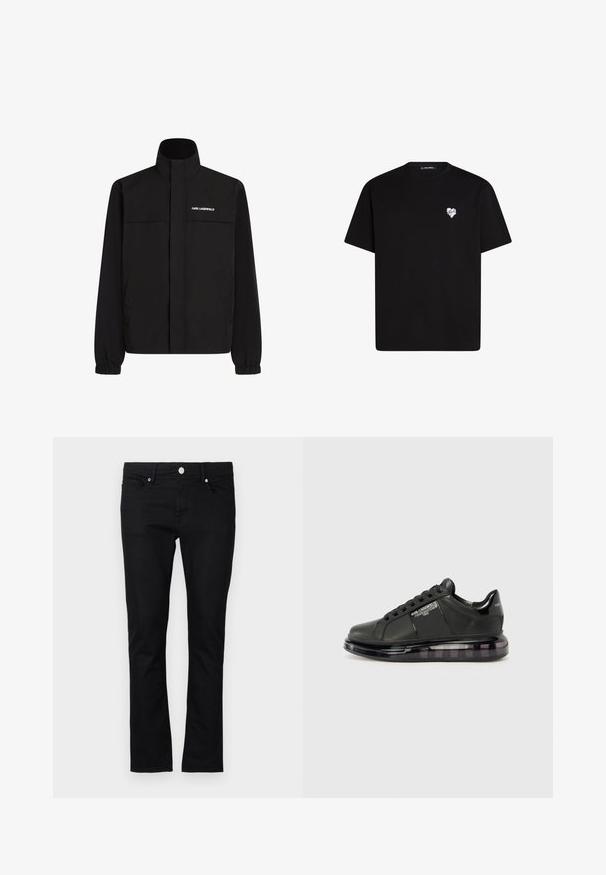 Czarna kurtka z wysokim kołnierzem, elastycznymi mankietami i dwiema przednimi kieszeniami. Posiada logo na górnej lewej stronie w białym kolorze. Gładki, wodoodporny materiał.; Czarna bawełniana koszulka z krótkim rękawem, okrągłym dekoltem i małym białym serduszkiem na lewej części klatki piersiowej.; Czarne dżinsy o slim fit, prostym kroju nogawki, pięciopocketowym stylu, z metalowym zapięciem, charakteryzujące się minimalnymi detalami przeszyć.; Czarne sneakersy z gładkiej skórzanej cholewki, zaokrąglonym noskiem i sznurowanym designem. Posiadają przezroczystą, amortyzującą podeszwę z ciemnym gradientem.
