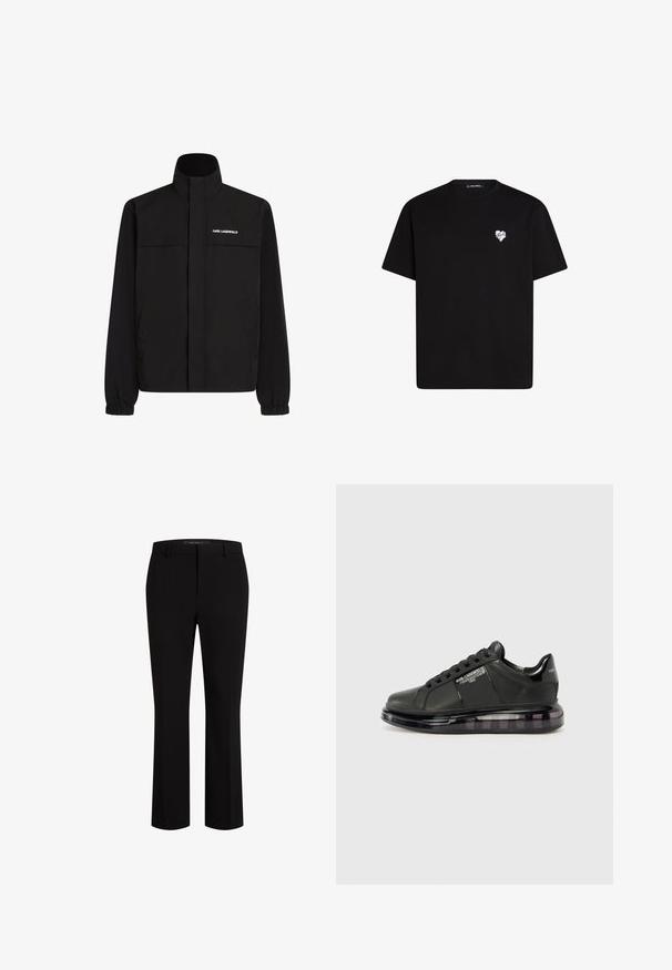 Črna jakna z visokim ovratnikom, elastičnimi rokavi in dvema sprednjima žepoma. Na zgornji levi strani je bel logotip. Gladka, vodoodporna tkanina.; Črna bombažna majica s kratkimi rokavi, okroglo izreza in majhnim belim srčkom natisnjenim na levem prsnem delu.; Črne krojene hlače iz gladkega materiala, s krojem ravnih nog, z luknjami za pas in sprednjimi žepi za dodatno funkcionalnost.; Črne snežne čevlje z gladkim usnjenim zgornjim delom, zaobljenim toeom in vezalnim dizajnom. Imajo prozoren, oblazinjen podplat z temnim gradijentom.