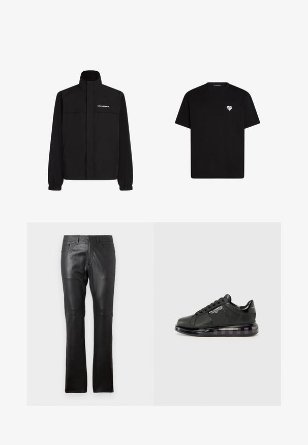 Juodas švarkas su aukštu apykakle, elastingais rankogaliais ir dviem priekinėmis kišenėmis. Viršutinėje kairėje pusėje yra baltas logotipas. Lygus, vandeniui atsparus audinys.; Juodas medvilninis marškinėliai su trumpomis rankovėmis, apvaliu iškirpimu ir mažos baltos širdelės grafika kairėje krūtinės pusėje.; Juodos odinės kelnės su liesu sijonu, turinčios standartinį penkių kišenių dizainą, diržo kilpas ir mygtukų uždarymą priekyje. Lygi tekstūra, tiesios kojos.; Juodi sportiniai bateliai su lygiu odiniu apdailu, suapvalintu nosiu ir raištelių dizainu. Ypatybės apima skaidrų, paminkštintą pado su tamsiu gradientu.