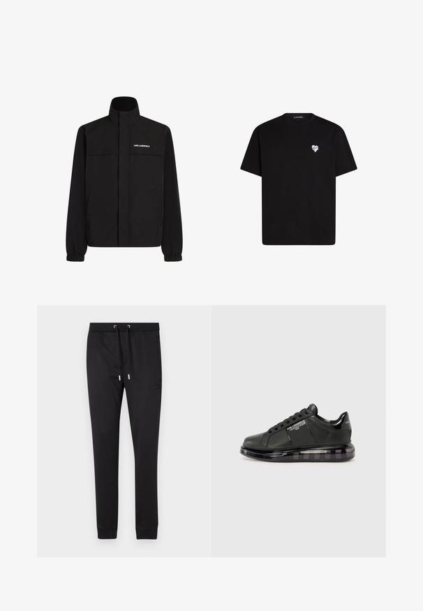 Melna jaka ar augstu apkakli, elastīgām aprocēm un divām priekšējām kabatām. Ieprintēts logo augšējā kreisajā pusē baltā krāsā. Gluda, ūdensizturīga auduma.; Melna kokvilnas t-krekls ar īsām piedurknēm, apaļu kakla izgriezumu un nelielu baltu sirds grafiku kreisajā krūšu daļā.; Melni sporta bikses, kas izgatavotas no mīkstas auduma, ar elastīgu jostasvītru un auklām, sānu kabatām un pieguļoši auduma apkaklēm pie potītēm.; Melnas sporta kurpes ar gludu ādas virsu, noapaļotu purngalu un saistīšanas dizainu. Iezīmē skaidru, mīkstu zoli ar tumšu gradientu.