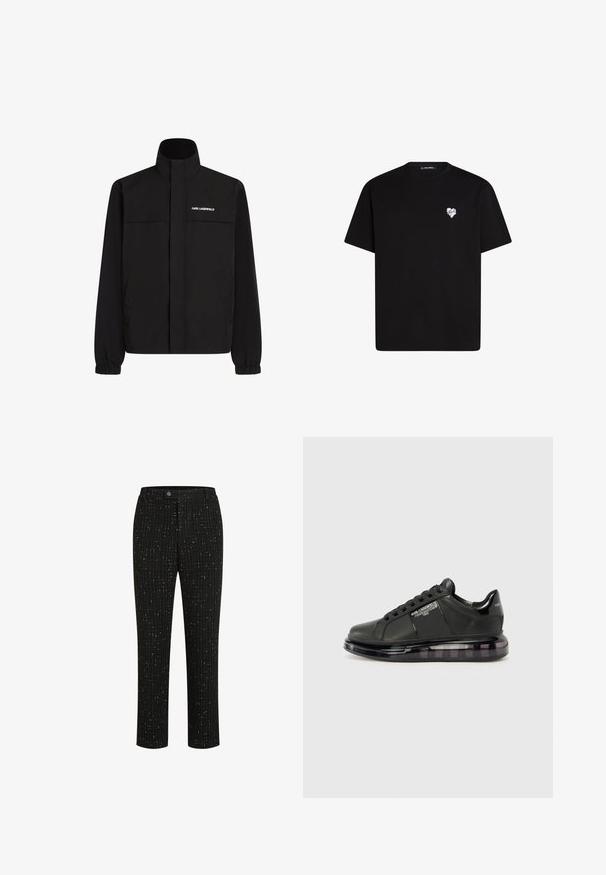 Melna jaka ar augstu apkakli, elastīgām aprocēm un divām priekšējām kabatām. Ieprintēts logo augšējā kreisajā pusē baltā krāsā. Gluda, ūdensizturīga auduma.; Melna kokvilnas t-krekls ar īsām piedurknēm, apaļu kakla izgriezumu un nelielu baltu sirds grafiku kreisajā krūšu daļā.; Melnas pielāgotas bikses ar teksturētu rakstu, kurā redzami plāni vertikāli balti svītri, taisna griezuma un pogu aizdare jostasvietā.; Melnas sporta kurpes ar gludu ādas virsu, noapaļotu purngalu un saistīšanas dizainu. Iezīmē skaidru, mīkstu zoli ar tumšu gradientu.