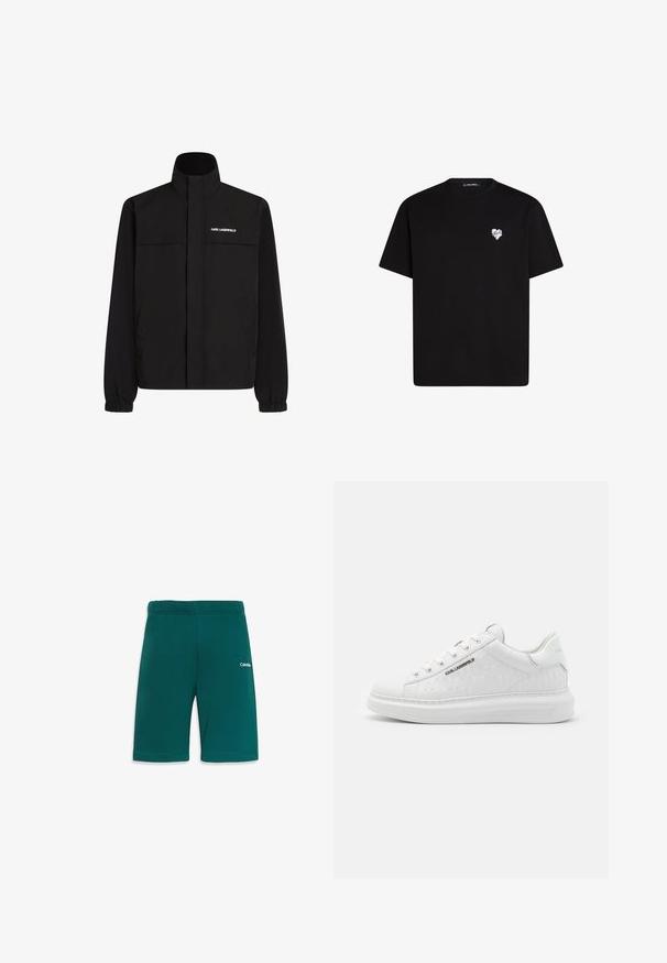 Črna jakna z visokim ovratnikom, elastičnimi rokavi in dvema sprednjima žepoma. Na zgornji levi strani je bel logotip. Gladka, vodoodporna tkanina.; Črna bombažna majica s kratkimi rokavi, okroglo izreza in majhnim belim srčkom natisnjenim na levem prsnem delu.; Turkizne atletske kratke hlače z elastičnim pasom, ki imajo gladko teksturo in majhen bel logotip na sprednji desni strani.; Bela športna obutev iz gladke usnjene površine z embosiranim vzorcem. Ima okroglo konico, vezanje spredaj in teksturiran podplat. Srebrni logotip na strani.