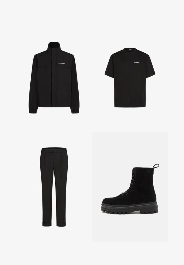Veste noire avec col montant, poignets élastiques et deux poches à l'avant. Présente un logo blanc en haut à gauche. Tissu lisse et résistant à l'eau.; T-shirt en coton noir avec des manches courtes, col rond et logo blanc "Karl Lagerfeld" imprimé sur le côté gauche de la poitrine. Design simple, coupe classique.; Pantalon noir avec une ceinture élastique, présentant une coupe droite et des ourlets retroussés. Fabriqué en tissu tissé lisse sans motifs.; Bottines en suède noir avec une semelle en caoutchouc épaisse et texturée, bout arrondi, œillets en métal et une languette à l'arrière pour un enfilage facile.