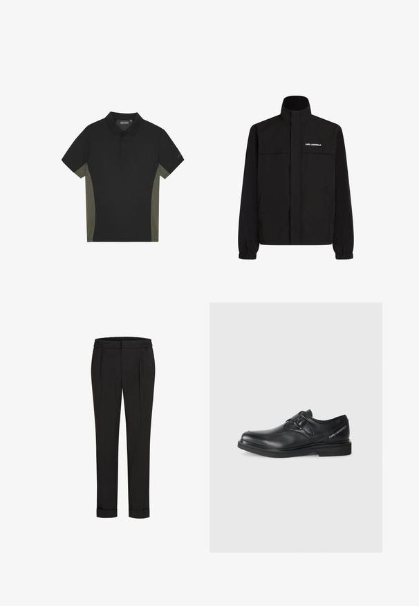 Schwarze Jacke mit hohem Kragen, elastischen Bündchen und zwei Fronttaschen. Mit Logo auf der oberen linken Seite in Weiß. Glattes, wasserabweisendes Material.; Schwarzes Polohemd mit olivgrünen Seitenpanelen, kurzen Ärmeln, einer Knopfleiste mit drei Knöpfen und Markenlogo auf dem Ärmel. Glatte Stofftextur.; Schwarze Hose mit Gummibund, gerade geschnitten und mit umgeschlagenen Säumen. Hergestellt aus glattem, gewebtem Stoff ohne Muster.; Schwarzer Lederschuh mit runder Zehenform, einem Schnallendetail und flacher Gummisohle. Präsentiert eine Markierung an der Seite nahe der Ferse.