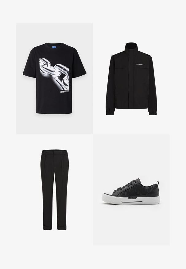 Mustan värvi jakk, millel on kõrge krae, elastsed mansetid ja kaks esikot. Ümber vasaku ülemise külje on valge logo. Sile, veekindel kangas.; Must kunne t-särk, millel on valge graafika ahelast ja allosas julge, moodne font, kus on kiri "KARL LAGERFELD JEANS".; Mustad püksid elastse vöökohtaga, sirge jala kujundusega ja üles keeratud äärtega. Valmistatud siledast, kudumisega kangast, ilma mustriteta.; Mustvalguse madala varbaga tennis jalanõud, musta mustriga kangast pealisosa, valge kummist varvakatte, tekstureeritud tald ja logoga aktsent küljel. Metallist silmused nööride jaoks.