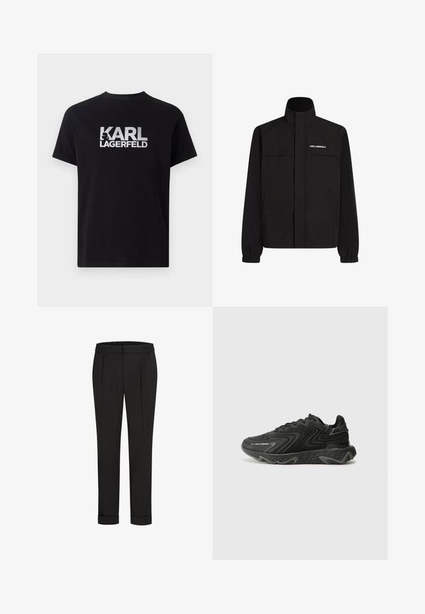 Čierna bunda s vysokým golierom, elastickými manžetami a dvoma prednými vreckami. Na hornej ľavej strane sa nachádza logo v bielej farbe. Hladká, vodeodolná tkanina.; Čierne bavlnené tričko s veľkým strieborným tlačením "KARL LAGERFELD" na prednej strane. Klasický okrúhly výstrih a krátke rukávy, nezdobený dizajn.; Čierne nohavice s elastickým pásom, s rovnými nohavicami a prehnutými manžetami. Vyrobené z hladkej tkaniny bez vzorov.; Čierne tenisky s vlnitým textúrovým vzorom a sivými akcentmi. Obsahujú šnurovací dizajn a robustnú, tvarovanú podrážku. Branding je viditeľný na boku.