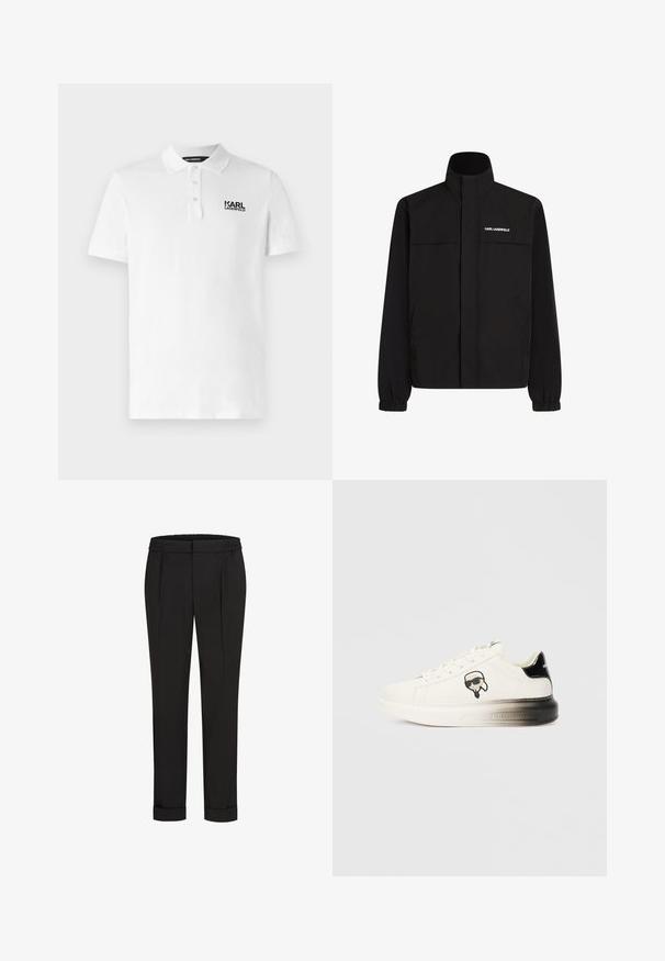 Juodas švarkas su aukštu apykakle, elastingais rankogaliais ir dviem priekinėmis kišenėmis. Viršutinėje kairėje pusėje yra baltas logotipas. Lygus, vandeniui atsparus audinys.; Balta polo marškinėliai, pagaminti iš medvilnės, su klasikinėmis apykaklėmis, trumpomis rankovėmis ir juodu logotipu kairėje krūtinės pusėje. Standartinė forma.; Juodi kelnių su elastinga juosmena, tiesaus kirpimo ir sukurtomis rankovėmis. Pagaminti iš lygaus, audinio be raštų.; Baltos sportbačiai su lygiu odiniu paviršiumi, juodais akcentais ant kulno ir komiksų logotipu. Yra storas, šiek tiek permatomas padas.