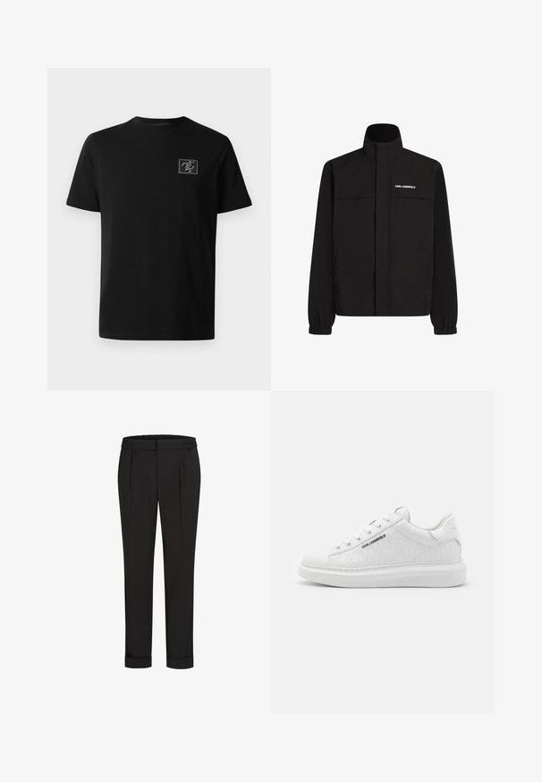 Melna jaka ar augstu apkakli, elastīgām aprocēm un divām priekšējām kabatām. Ieprintēts logo augšējā kreisajā pusē baltā krāsā. Gluda, ūdensizturīga auduma.; Melna īsās piedurkņu apakšveļa ar mazu baltu izšūtu uzšuvi kreisajā krūtīs, kas lasa "no Parīzes mīlestība, Kārls xx."; Melni bikses ar elastīgu jostu, ar taisna piegriezuma dizainu un sarullētām piedurknēm. Izgatavotas no gluda, auduma bez rakstiem.; Balti sporta apavi, kas izgatavoti no gludas ādas ar reljefotu rakstu. Iemaukti apaļā purngalā, ar auklām un teksturētu zoli. Sudraba logo detaļa sānos.