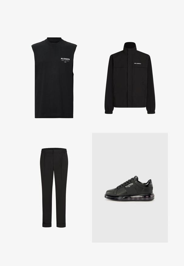 Mustan värvi jakk, millel on kõrge krae, elastsed mansetid ja kaks esikot. Ümber vasaku ülemise külje on valge logo. Sile, veekindel kangas.; Must have õlavarreta must t-särk, mis on valmistatud puuvillast, kõrge kaelusega ja väikese valge logoga ees, sile tekstuur ja mugav lõige.; Mustad püksid elastse vöökohtaga, sirge jala kujundusega ja üles keeratud äärtega. Valmistatud siledast, kudumisega kangast, ilma mustriteta.; Must mustad musta nahast ülemise osaga, ümarate varvaste ja paeltega disainiga. Omab läbipaistvat, pehmendatud tallat, millel on tume gradient.