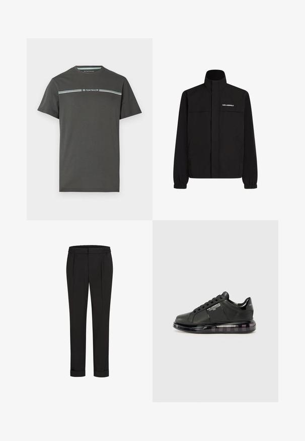 Svart jacka med hög krage, elastiska muddar och två framfickor. Har logotyp på övre vänstra sidan i vitt. Slät, vattenavvisande tyg.; Grå kortärmad T-shirt i bomull med rund halsringning och ett horisontellt randmönster i ljusblått över bröstet.; Svarta byxor med elastisk midja, med en rak bendesign och uppvikta fållar. Tillverkade av glatta, vävda tyger utan mönster.; Svart sneaker med slät läderöverdel, rund tå och snörningsdesign. Har en klar, vadderad sula med en mörk gradient.
