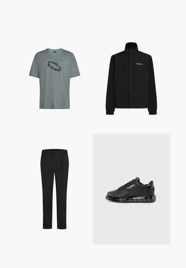 Schwarze Jacke mit hohem Kragen, elastischen Bündchen und zwei Fronttaschen. Mit Logo auf der oberen linken Seite in Weiß. Glattes, wasserabweisendes Material.; Helles türkisfarbenes Baumwoll-T-Shirt mit lockerer Passform. Mit einem schwarzen ovalen Logoaufdruck, der "KARL LAGERFELD" über die Brust trägt. Kurzärmlig.; Schwarze Hose mit Gummibund, gerade geschnitten und mit umgeschlagenen Säumen. Hergestellt aus glattem, gewebtem Stoff ohne Muster.; Schwarzer Sneaker mit glattem Lederobermaterial, rundem Zehenbereich und Schnürdesign. Ausgestattet mit einer klaren, gepolsterten Sohle mit einem dunklen Verlauf.