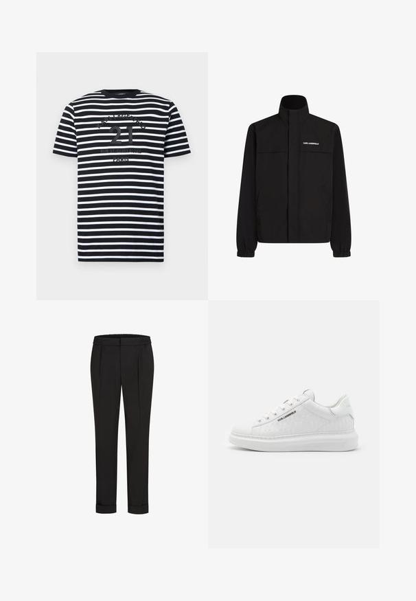 Svart jacka med hög krage, elastiska muddar och två framfickor. Har logotyp på övre vänstra sidan i vitt. Slät, vattenavvisande tyg.; Svart och vit horizontalrandig kortärmad t-shirt med "21 KARL LAGERFELD RUE ST-GUILLAUME PARIS" tryckt på bröstet.; Svarta byxor med elastisk midja, med en rak bendesign och uppvikta fållar. Tillverkade av glatta, vävda tyger utan mönster.; Vit sneaker i slät läder med präglat mönster. Har rund tå, snörning framtill och texturerad sula. Silverfärgad logotypdetalj på sidan.