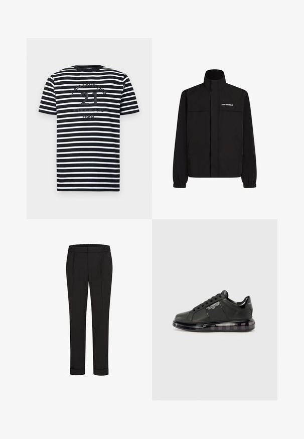 Juodas švarkas su aukštu apykakle, elastingais rankogaliais ir dviem priekinėmis kišenėmis. Viršutinėje kairėje pusėje yra baltas logotipas. Lygus, vandeniui atsparus audinys.; Juoda ir balta horizontaliomis juostelėmis trumpa rankovė marškinėliai su užrašu "21 KARL LAGERFELD RUE ST-GUILLAUME PARIS" ant krūtinės.; Juodi kelnių su elastinga juosmena, tiesaus kirpimo ir sukurtomis rankovėmis. Pagaminti iš lygaus, audinio be raštų.; Juodi sportiniai bateliai su lygiu odiniu apdailu, suapvalintu nosiu ir raištelių dizainu. Ypatybės apima skaidrų, paminkštintą pado su tamsiu gradientu.