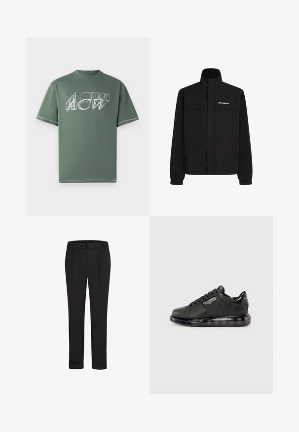 Musta takki, jossa on korkea kaulus, joustavat hihat ja kaksi etutaskua. Vasemmassa yläkulmassa valkoinen logo. Sileä, vedenkestävä kangas.; Vihreä puuvillainen t-paita lyhyillä hihoilla, jossa etuosassa on valkoinen graafinen painatus kulmikkaassa kuviossa ja kontrastivärinen ommel helman ympäri.; Mustat housut, joissa on joustava vyötärö, suoran lahkeiden muotoilu ja käännetyt hihnat. Valmistettu sileästä, kudotusta kankaasta ilman kuvioita.; Mustat lenkkarit, joissa on sileä nahkapäällinen, pyöreä kärki ja nauhakiinnitys. Varustettu kirkkaalla, pehmeällä pohjalla, jossa on tumma gradientti.