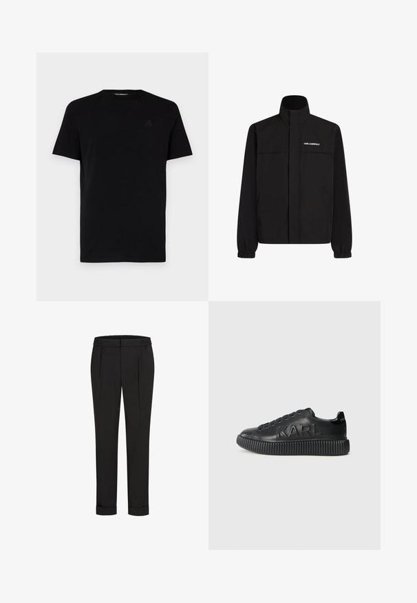 Černá bunda s vysokým límcem, elastickými manžetami a dvěma předními kapsami. Na levé horní straně se nachází bílé logo. Hladká, voděodolná tkanina.; Černé tričko s krátkým rukávem vyrobené z bavlny, s kulatým výstřihem a jemně embosovaným logem na levé hrudi. Hladká textura.; Černé kalhoty s elastickým pasem, s rovnými nohavicemi a ohrnutými lemy. Vyrobené z hladké tkaniny bez vzorů.; Černé tenisky vyrobené z hladké kůže, s tlustou ribbenou podrážkou a embosovaným názvem značky. Klasický design na šněrování s kulatými očky.