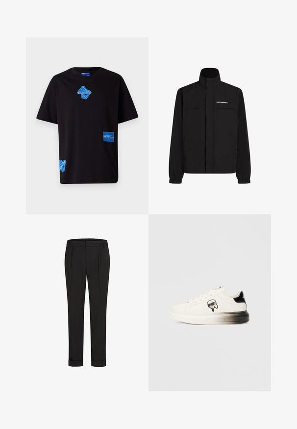 Mustan värvi jakk, millel on kõrge krae, elastsed mansetid ja kaks esikot. Ümber vasaku ülemise külje on valge logo. Sile, veekindel kangas.; Must mustärg t-särk siniste graafiliste printidega, sealhulgas logo ja ristkülikukujuline silt, lühikeste varrukatega ja lõdvema lõikega.; Mustad püksid elastse vöökohtaga, sirge jala kujundusega ja üles keeratud äärtega. Valmistatud siledast, kudumisega kangast, ilma mustriteta.; Valge spordijalats sileda nahkpealispinnaga, mustade aktsentidega kandadel ja multifilmi logo. Omab paksu, veidi läbipaistvat tallat.